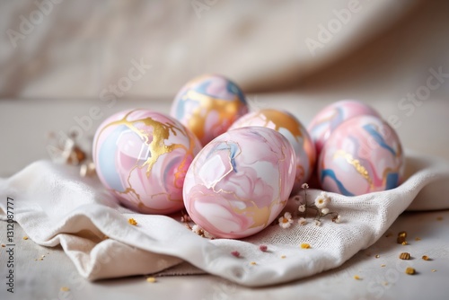 Edel marmorierte Ostereier in Pastelltönen von Rosa, Blau und Gold liegen auf Leinenstoff. Getrocknete Blumen und goldene Akzente ergänzen die Szene. Ein weicher, neutraler Hintergrund.