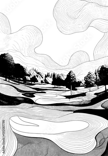 The modern illustration features a vertical black and white sketch of a golf course landscape