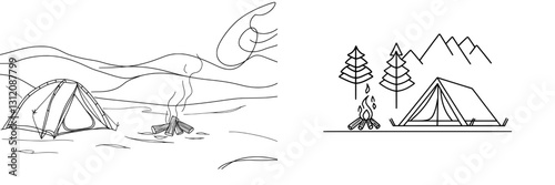 The outdoor activity of camping, represented by a tent and campfire, is shown in a simple one-line art with no one nearby