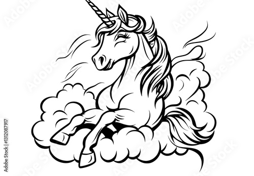Cute unicorn jumping among clouds is the subject of this simple line art coloring page for kids