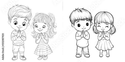Cute illustrations of praying children, a boy and girl, are featured as little child characters with hands folded and on their knees, showcasing modern and isolated outline hand drawings