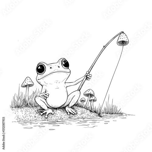 The detailed black and white nature illustration Whimsical Frog Fishing by Mushrooms Line Art showcases a relaxed frog with fishing rod in a peaceful woodland setting