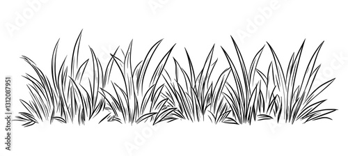 This nature illustration boasts a simple and modern design, incorporating various elements such as a bush doodle line icon, hand-drawn grass, a meadow sketch, a small garden outline, a scribble