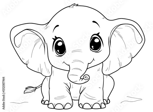 A cute elephant, portrayed as a cartoon animal and a wild animal typically housed in a zoo, is the subject of a hand drawn illustration intended for a coloring book, where it is shown wearing white
