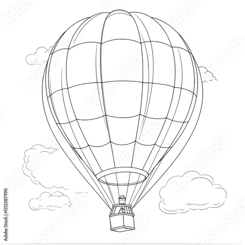 A digital coloring book page presents a line art drawing outline illustration of a hot air balloon
