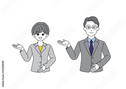 案内をする受付の女性と男性のイラストセット