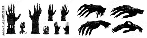 Black and white illustration featuring a modern silhouette of zombie hands, with a set of arms protruding from the ground