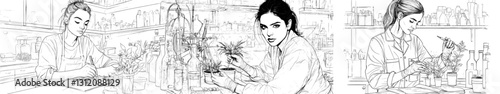 The illustration features a biologist, a woman, and a boy in a comic and funny modern setting with a chair, all in 2-color line art