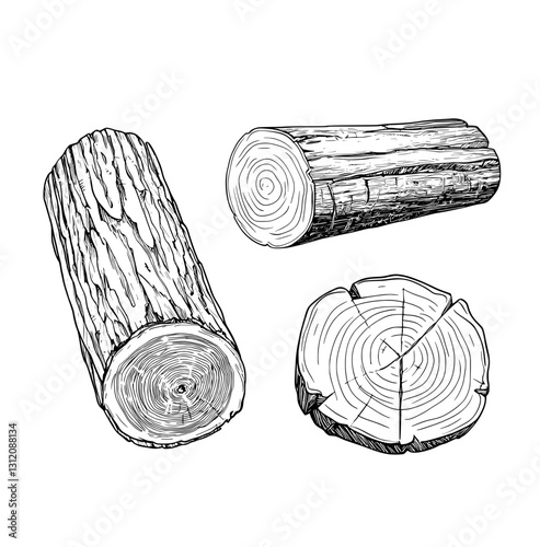 A hand drawing of firewood, including wooden logs, twigs, and a wood stump, is presented as a modern line sketch on white