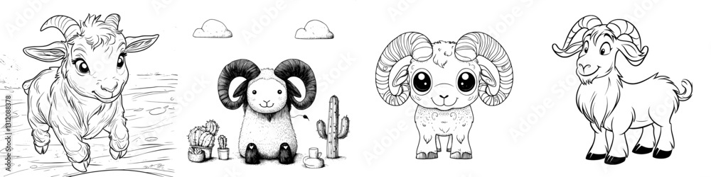 Obraz premium Cartoon illustration of a goat as an isolated coloring page image of an animal