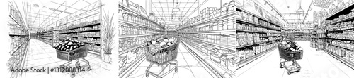 A cartoon representation of a hypermarket department showcasing a grocery store interior with wooden racks of fruit and a food-laden shopping cart