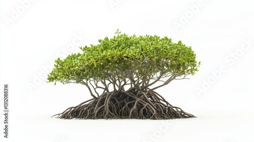 A mangrove tree isolated on a white background, showcasing its unique, sprawling roots and lush green foliage. photo