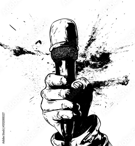 In a comic book pop art cartoon illustration, a fist is shown gripping a microphone, accompanied by an explosion in the background