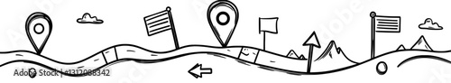 This set of modern cartoon doodles includes hand-drawn map pins, flags, and markers, all isolated on a white background to facilitate the designation of specific locations