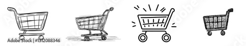 A hand-drawn shopping cart icon is depicted in a sketchy line style, symbolizing a market or store where purchases are made, with the cart being empty