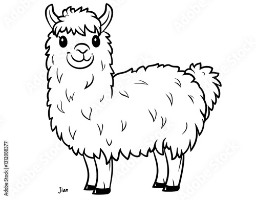 A cute cartoon alpaca is depicted as a funny animal doodle in a hand drawn icon, also available as an outline drawing and line clipart symbol