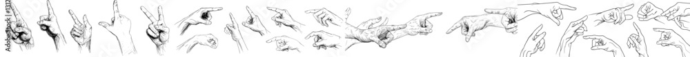 A collection of hands is shown in isolation on a white background, presented as a modern outline illustration featuring a set of fingers A collection of hands is shown in isolation on a white background, presented as a modern outline illustration featuring a set of fingers