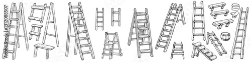 Various wooden ladders and furniture pieces displayed in a creative arrangement with a rustic touch