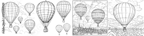 Various hot air balloons soaring above a picturesque landscape with mountains and clouds at a sunny day