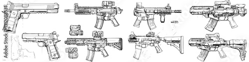 Detailed illustrations of various firearms including handguns and rifles in a black and white sketch style