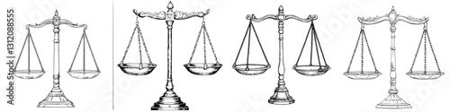 Different designs of traditional balance scales used in law and justice across various cultures and eras