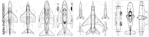 Detailed blueprint illustrations of various aircraft designs showcasing innovative features and engineering