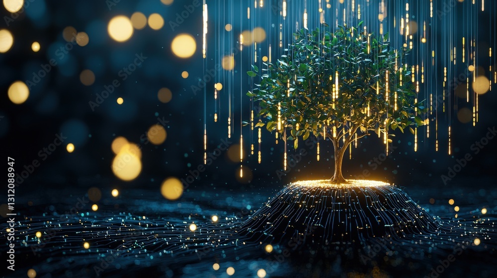 Obraz premium A tree growing on a floating digital island surrounded by glowing binary rain.