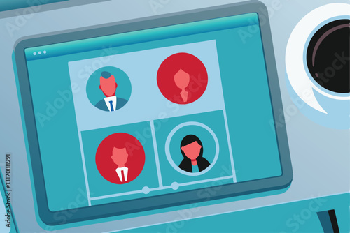Depict a computer screen showing a video call interface with a prominent 'V' logo, suggesting a virtual Monday morning meeting.  Include subtle details hinting at work-related documents.