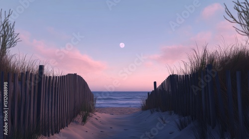 The path leads through the sand to the beach. The weathered traces on the woo...