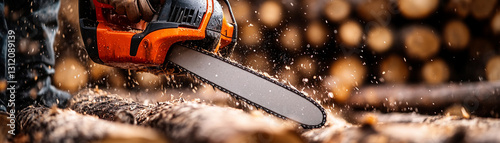 A close-up of a chainsaw cutting through wood, showcasing powerful machinery.