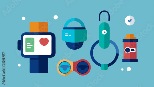Wearable Devices A collection of various wearable health devices like fitness trackers smart rings and smart glasses set against a minimalistic background.