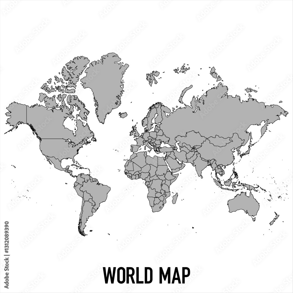 Fototapeta premium World map in grey style isolated on white background. Vector illustration.
