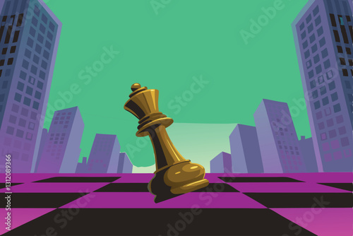 A chessboard depicts a corporate takeover; strategic chess pieces represent companies, illustrating a hostile acquisition.