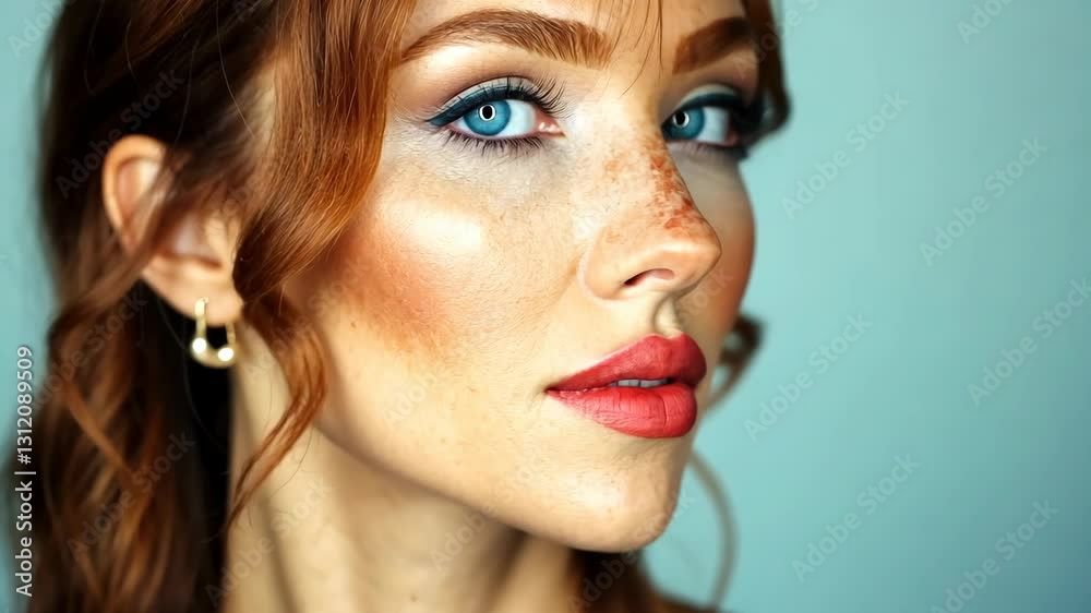 Portrait of a woman with striking blue eyes and vibrant makeup against a soft blue background showcasing natural beauty Portrait of a woman with striking blue eyes and vibrant makeup against a soft blue background showcasing natural beauty