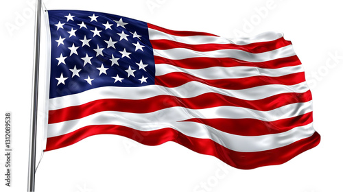Waving Flag Isolated on White: Red, White, and Blue Stripes, Stars, Patriotism, National Symbol, Independence Day, American Flag,  Fabric Texture,  Background Image, Graphic Resource
