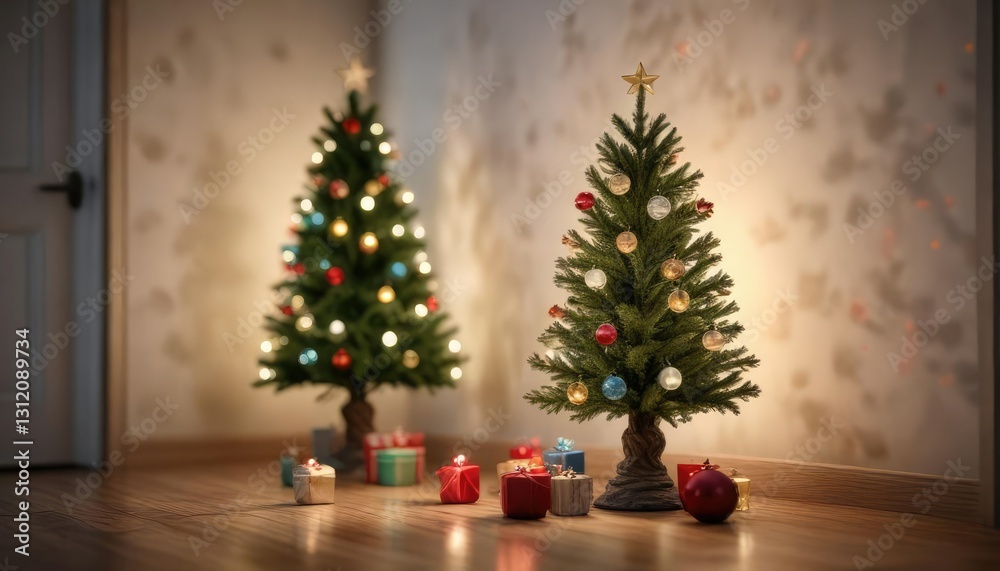 Ornaments and lights on a small Christmas tree, miniature evergreen branches, adorable winter scene Ornaments and lights on a small Christmas tree, miniature evergreen branches, adorable winter scene