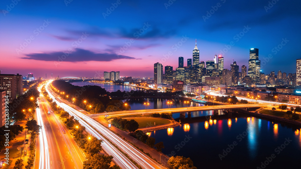 Beautiful Cityscape at Dusk With Vibrant Skyline and Illuminated Road Background