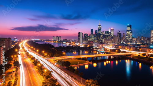 Beautiful Cityscape at Dusk With Vibrant Skyline and Illuminated Road Background