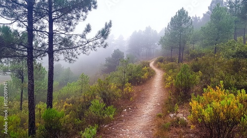 A misty pine forest with a narrow dirt path winding through vibrant green foliage, soft fog in the distance.