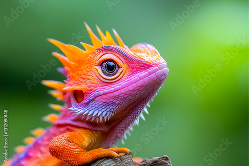 A vibrant, orange and pink lizard with a spiky crest looks up with a curious expression photo