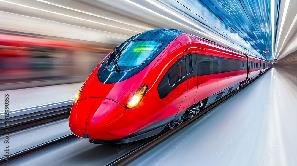A vibrant red high-speed train accelerates through a modern urban station with a dynamic blurred background showcasing technology and movement. A vibrant red high-speed train accelerates through a modern urban station with a dynamic blurred background showcasing technology and movement.