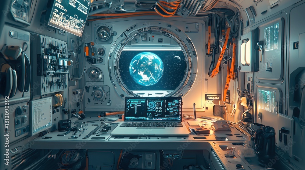 Fototapeta premium Spaceship interior with Earth view from porthole.
