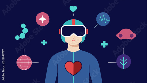 Virtual Reality Headset A person wearing a VR headset surrounded by floating holographic images of and systems like a heart lungs and brain to represent interactive health