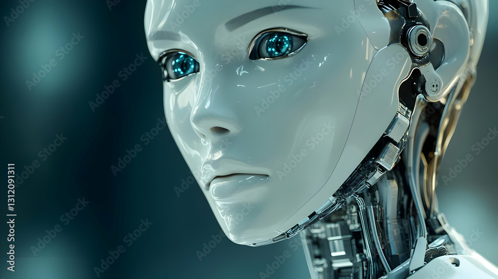 Close Up Portrait of a Female Robot with Blue Eyes and Mechanical Parts Close Up Portrait of a Female Robot with Blue Eyes and Mechanical Parts