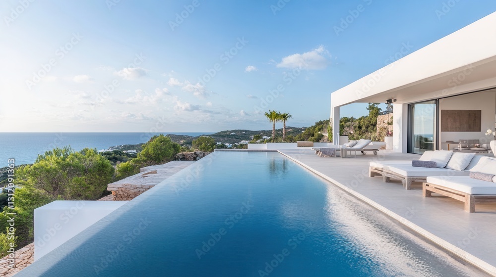 Fototapeta premium A minimalist Ibiza villa house with a serene coastal landscape, featuring muted colors that blend seamlessly with the environment.