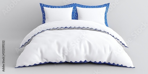 A pristine white bedding set with a blue trimmed border on a simple minimalist background highlighting elegance and comfort.