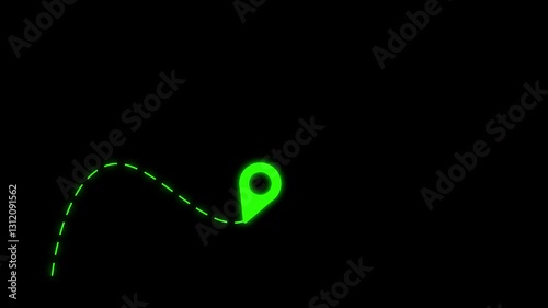 Abstract blue location point or map pin on path digital marketing technology tech innovation. 3D Animation - Virtual street map with a route to reach the place marked with the location symbol,4k.