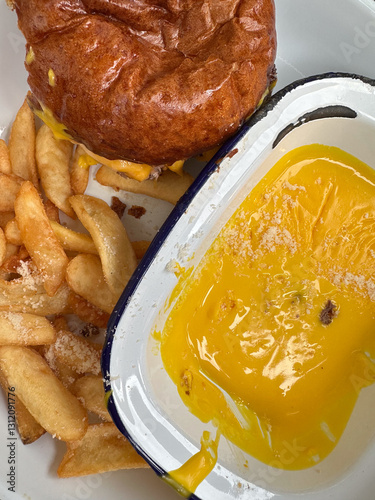 Cheeseburger and Fries with Cheese Sauce