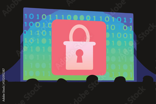 A cybersecurity expert passionately delivers a keynote speech at a technology conference, engaging the attentive audience.  High-quality image.