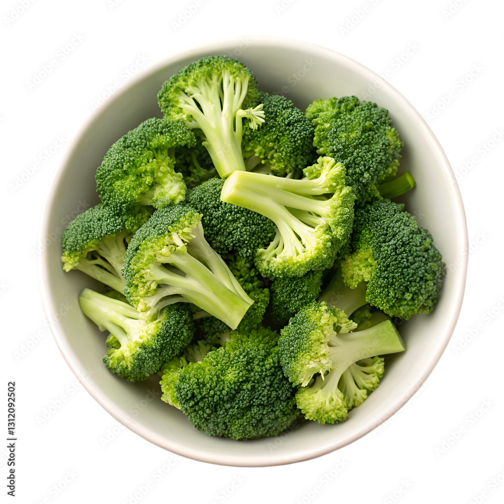 Fresh broccoli florets in bowl isolated on transparent background Fresh broccoli florets in bowl isolated on transparent background